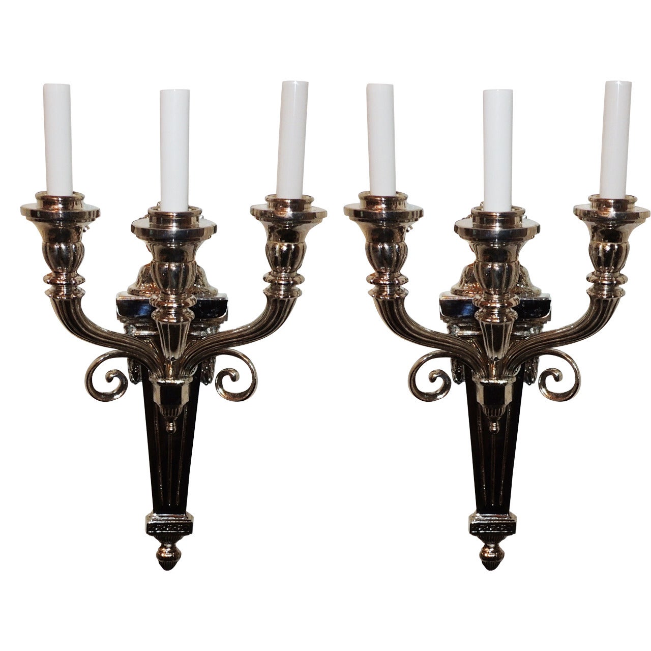 Appliques néoclassiques à trois bras en nickel attribuées à Caldwell