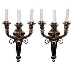 Vintage Neoclassical Nickel-Plated Three-Arm Sconces Attributed to Caldwell