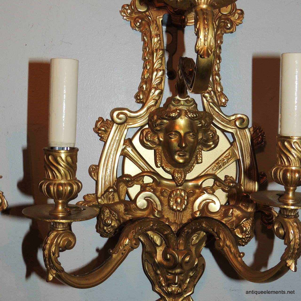Very Fine French Pair of Doré Bronze Three-Arm Figural Sconces In Excellent Condition In Roslyn, NY