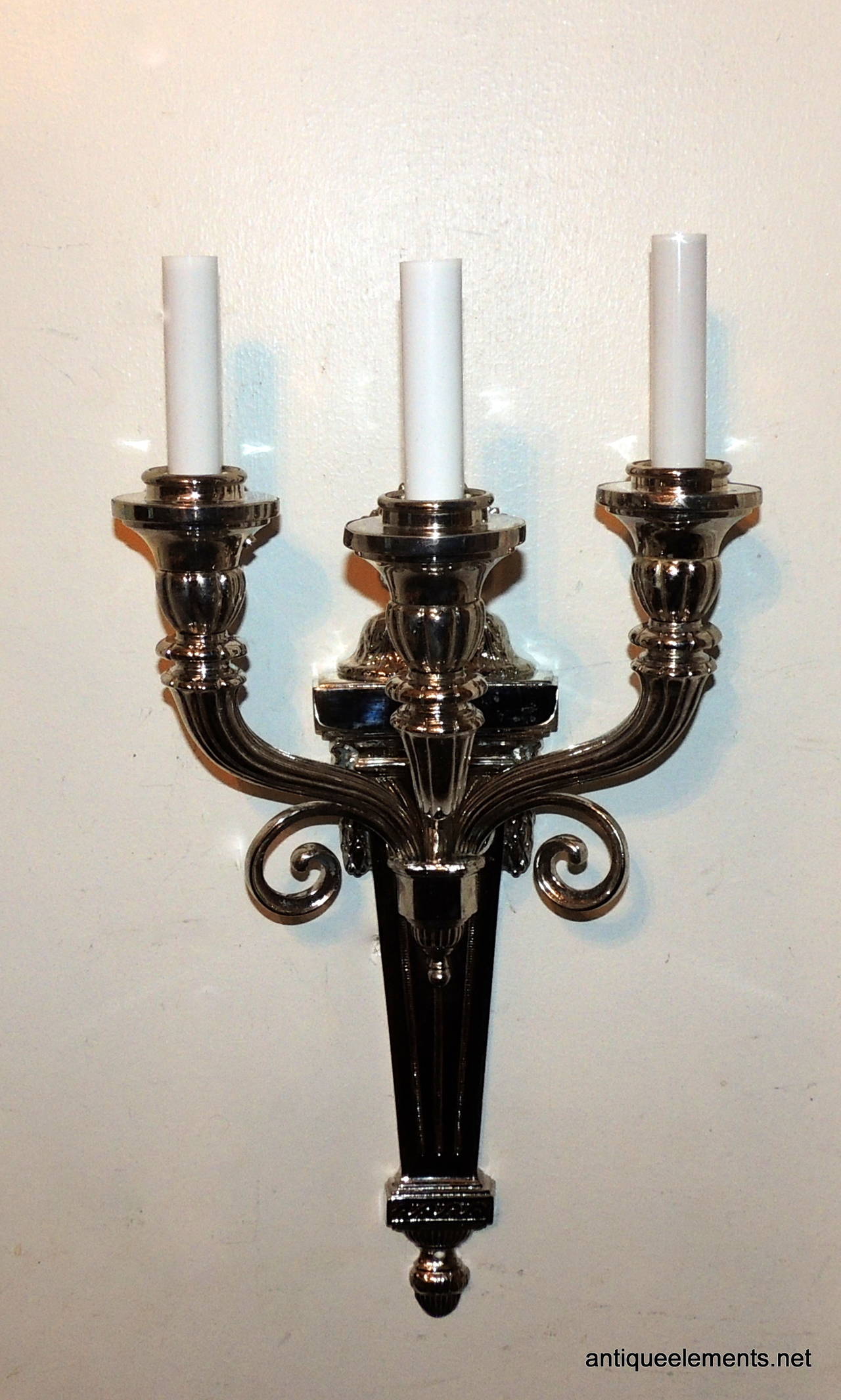 Neoclassical Nickel-Plated Three-Arm Sconces Attributed to Caldwell In Good Condition For Sale In Roslyn, NY