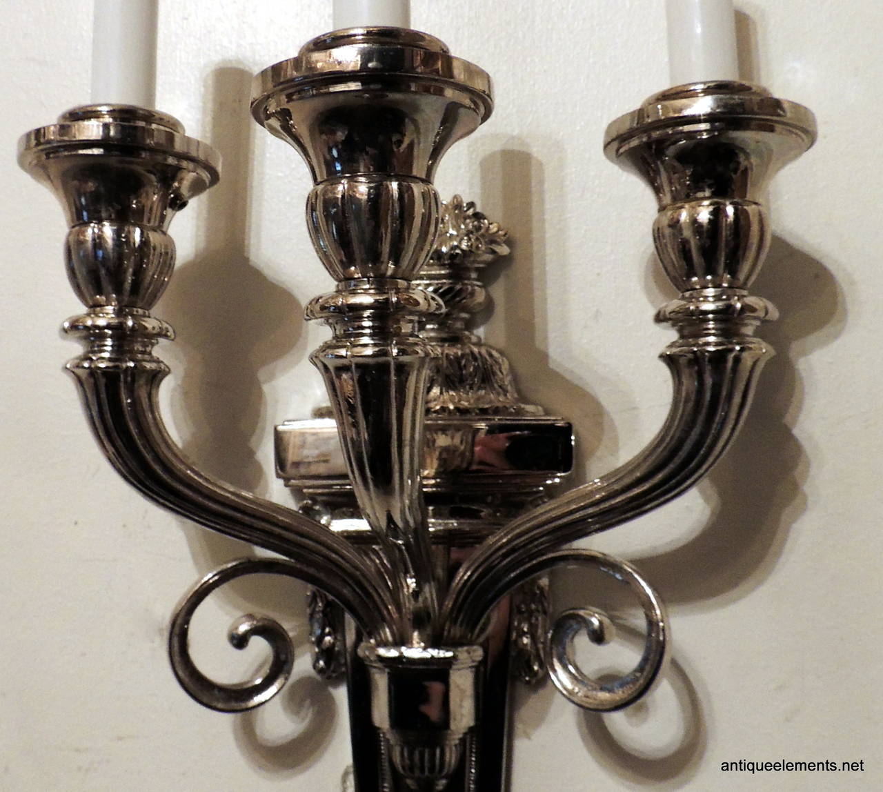 Mid-20th Century Neoclassical Nickel-Plated Three-Arm Sconces Attributed to Caldwell For Sale