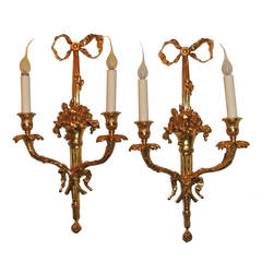 Wonderful French Pair of Two-Arm Dore Bronze Ribbon & Bow Top Floral Sconces