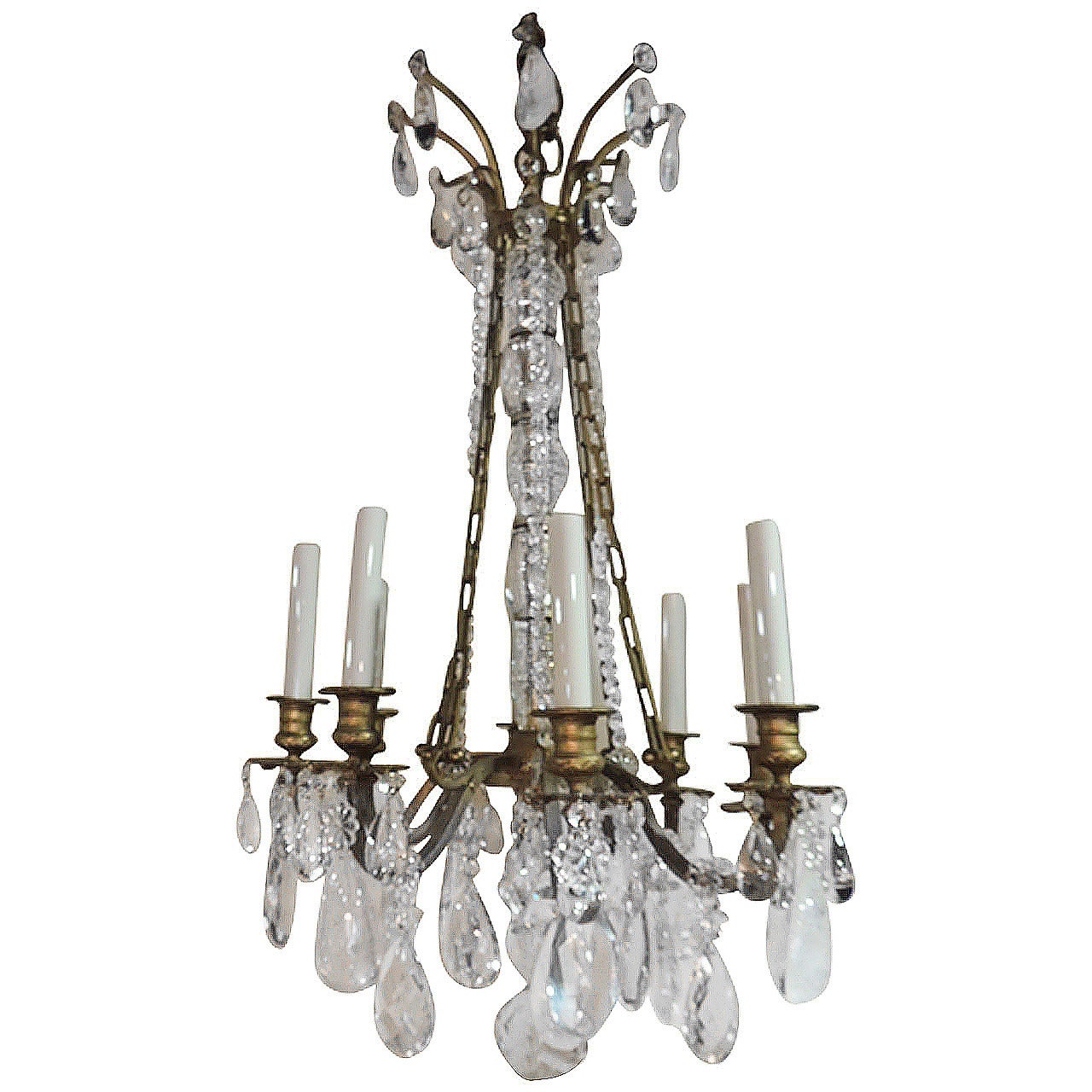 Bagues Style Eight-Light Gilt Bronze and Rock Crystal French Chandelier For Sale