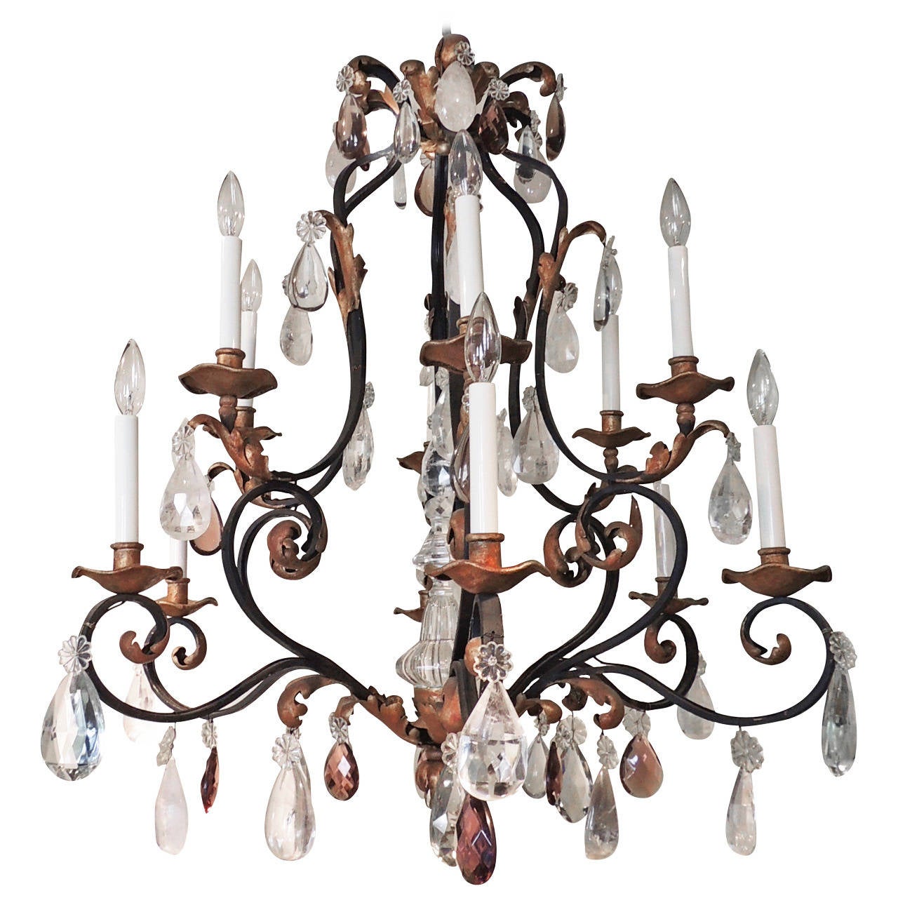 Beautiful Large Wrought Iron And Gilt Chandelier With Amethyst Beautiful Large Wrought Iron Gilt Chandelier With Amethyst Rock Crystals