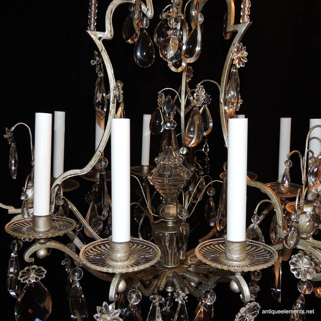 French Original Bagues Nine-Light Silvered Chandelier with Rock and Faceted Crystals For Sale