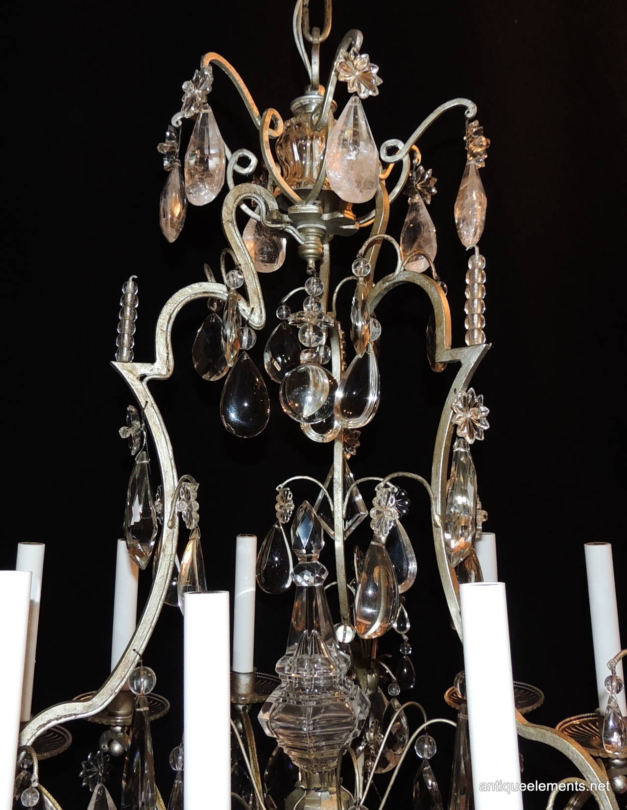 Gilt Original Bagues Nine-Light Silvered Chandelier with Rock and Faceted Crystals For Sale
