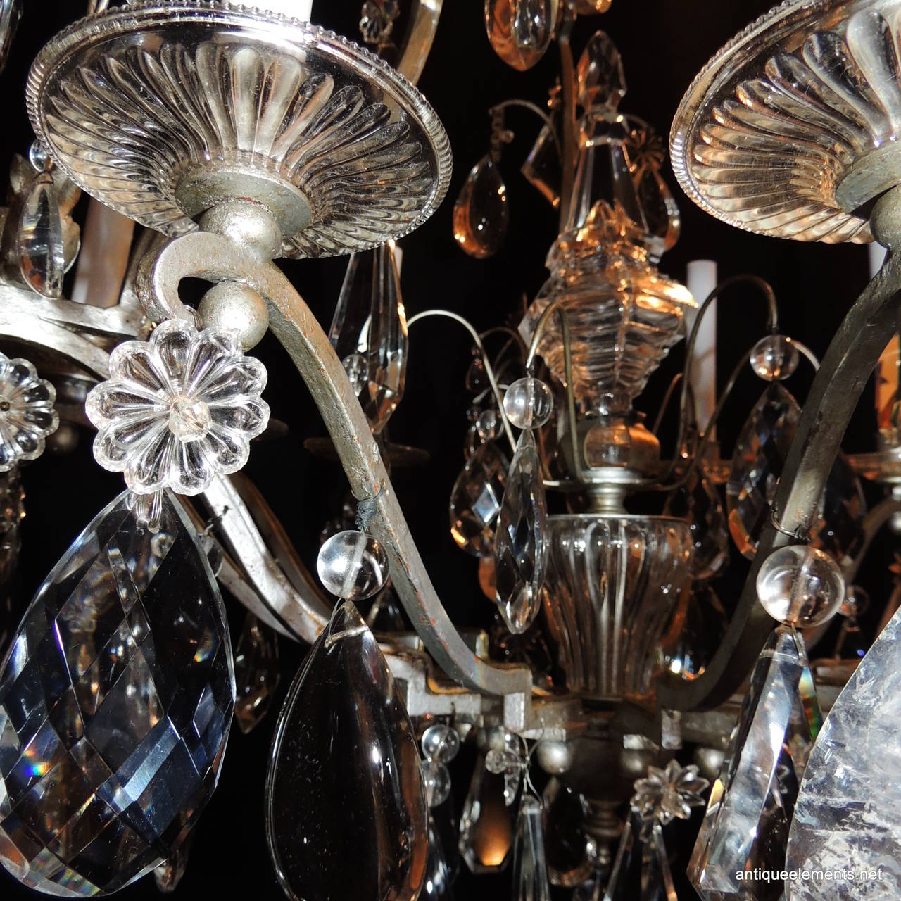 Early 20th Century Original Bagues Nine-Light Silvered Chandelier with Rock and Faceted Crystals For Sale