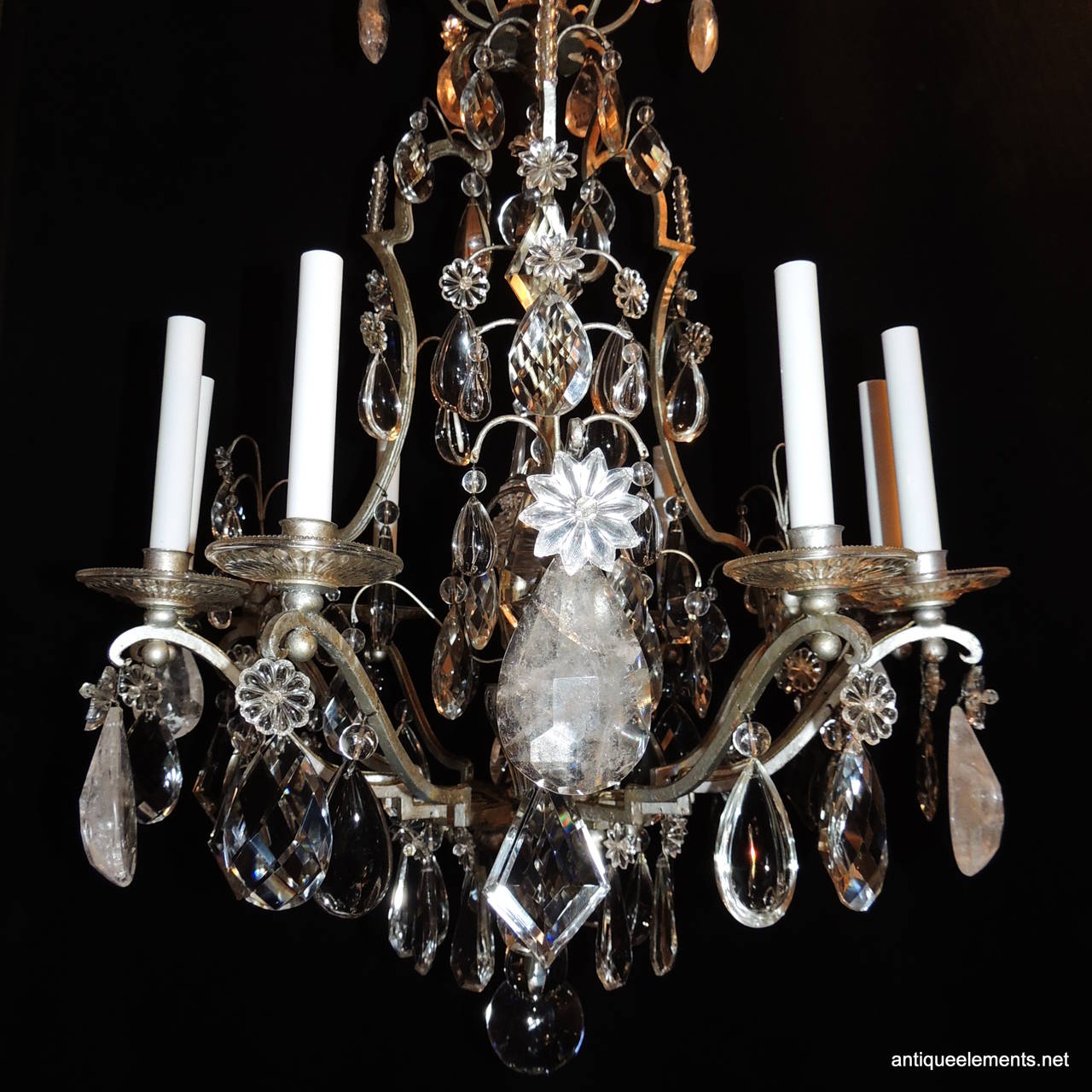 Rock Crystal Original Bagues Nine-Light Silvered Chandelier with Rock and Faceted Crystals For Sale