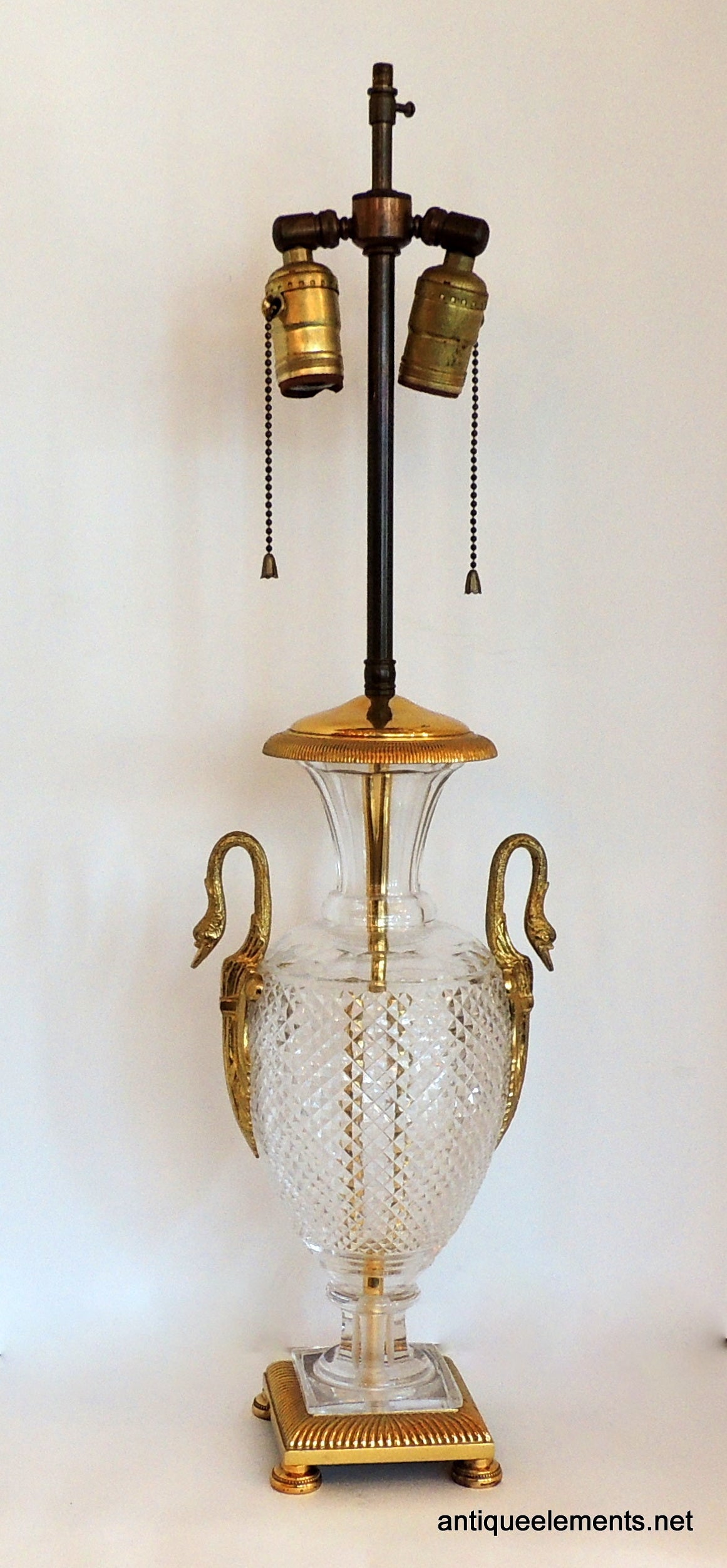 Gilt Wondeful Pair of French Dore Bronze, Swan Handled and Cut-Crystal Urn Lamps