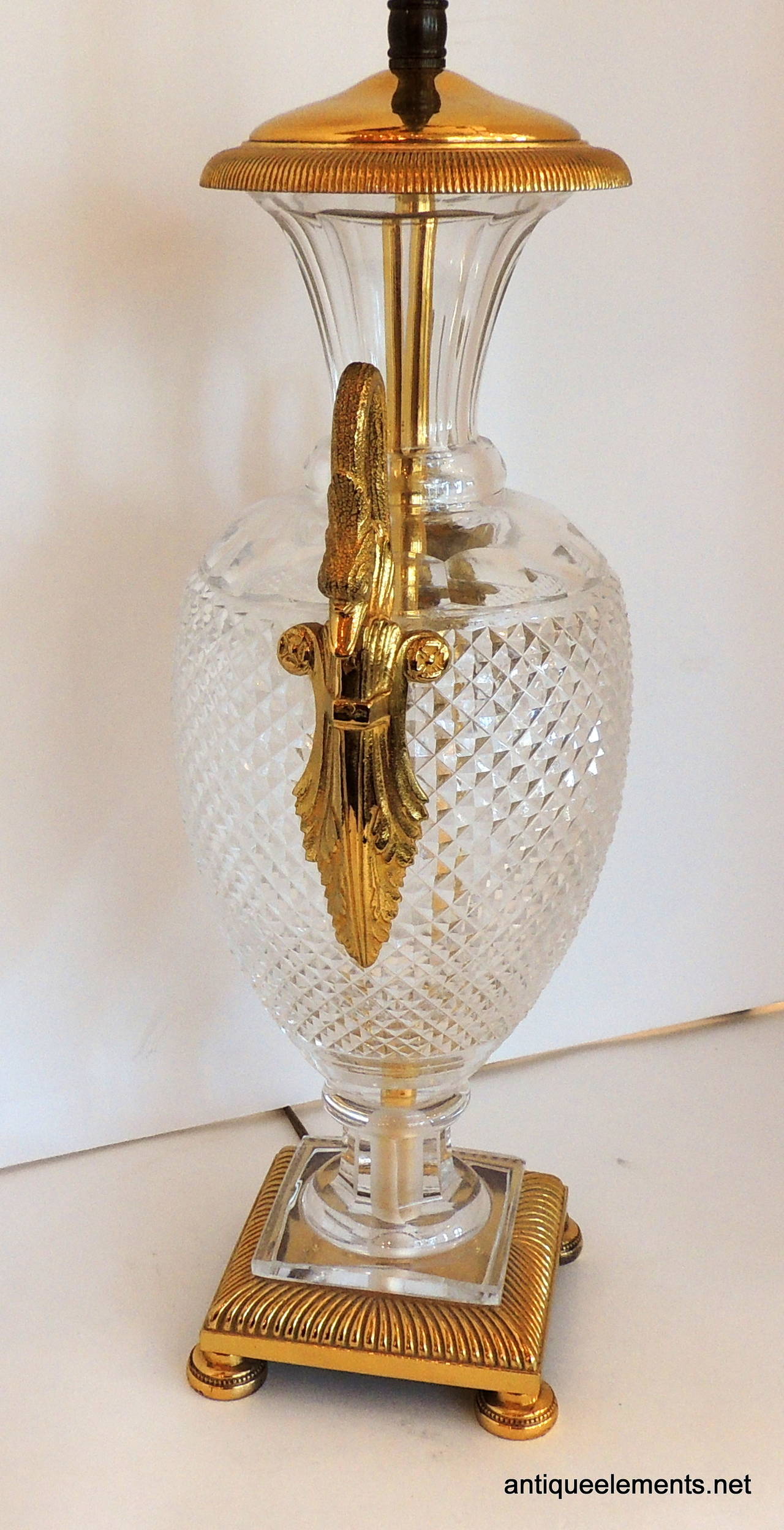 Wondeful Pair of French Dore Bronze, Swan Handled and Cut-Crystal Urn Lamps In Good Condition In Roslyn, NY