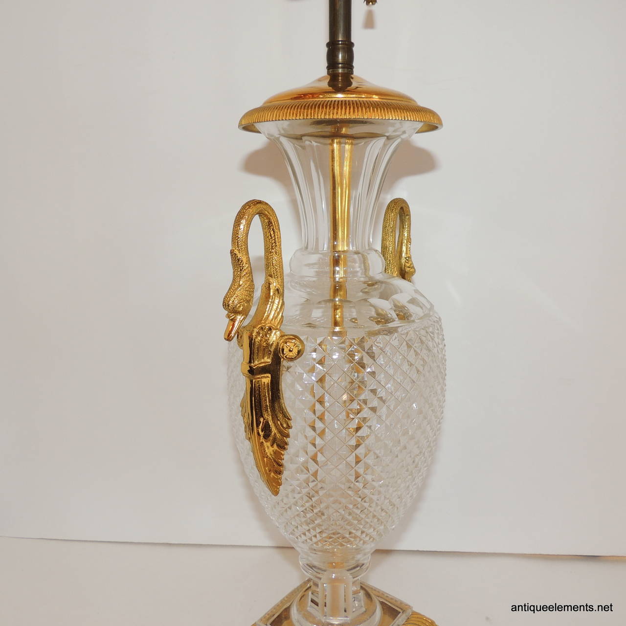Mid-20th Century Wondeful Pair of French Dore Bronze, Swan Handled and Cut-Crystal Urn Lamps