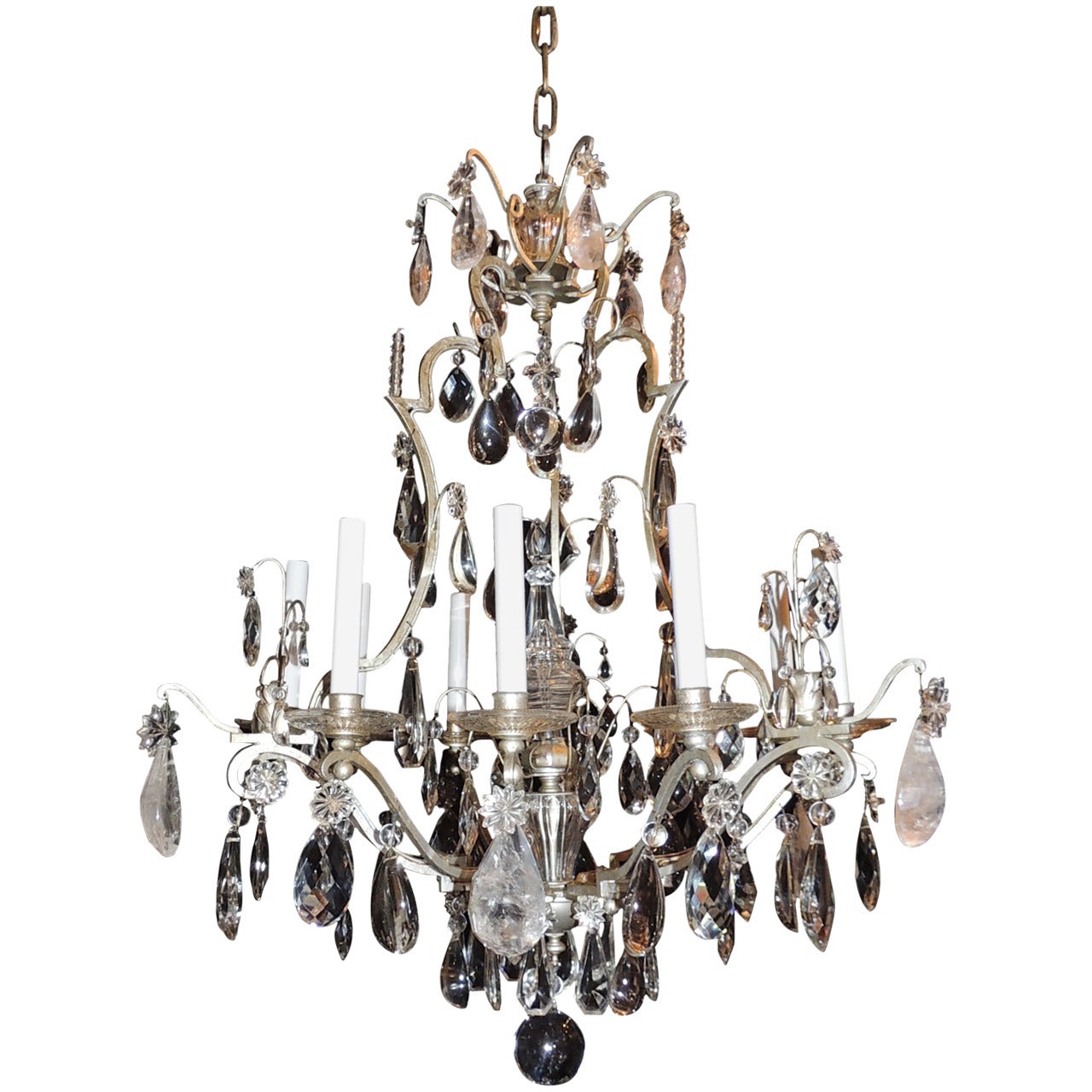 Original Bagues Nine-Light Silvered Chandelier with Rock and Faceted Crystals For Sale