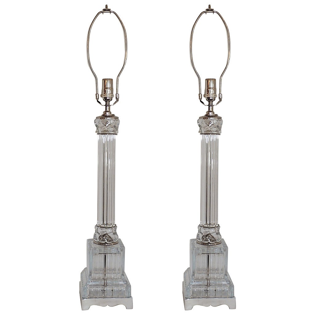 Elegant Pair Deco Modern Transitional Style Crystal Chrome Column Nickel Lamps