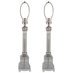 Elegant Pair Deco Modern Transitional Style Crystal Chrome Column Nickel Lamps