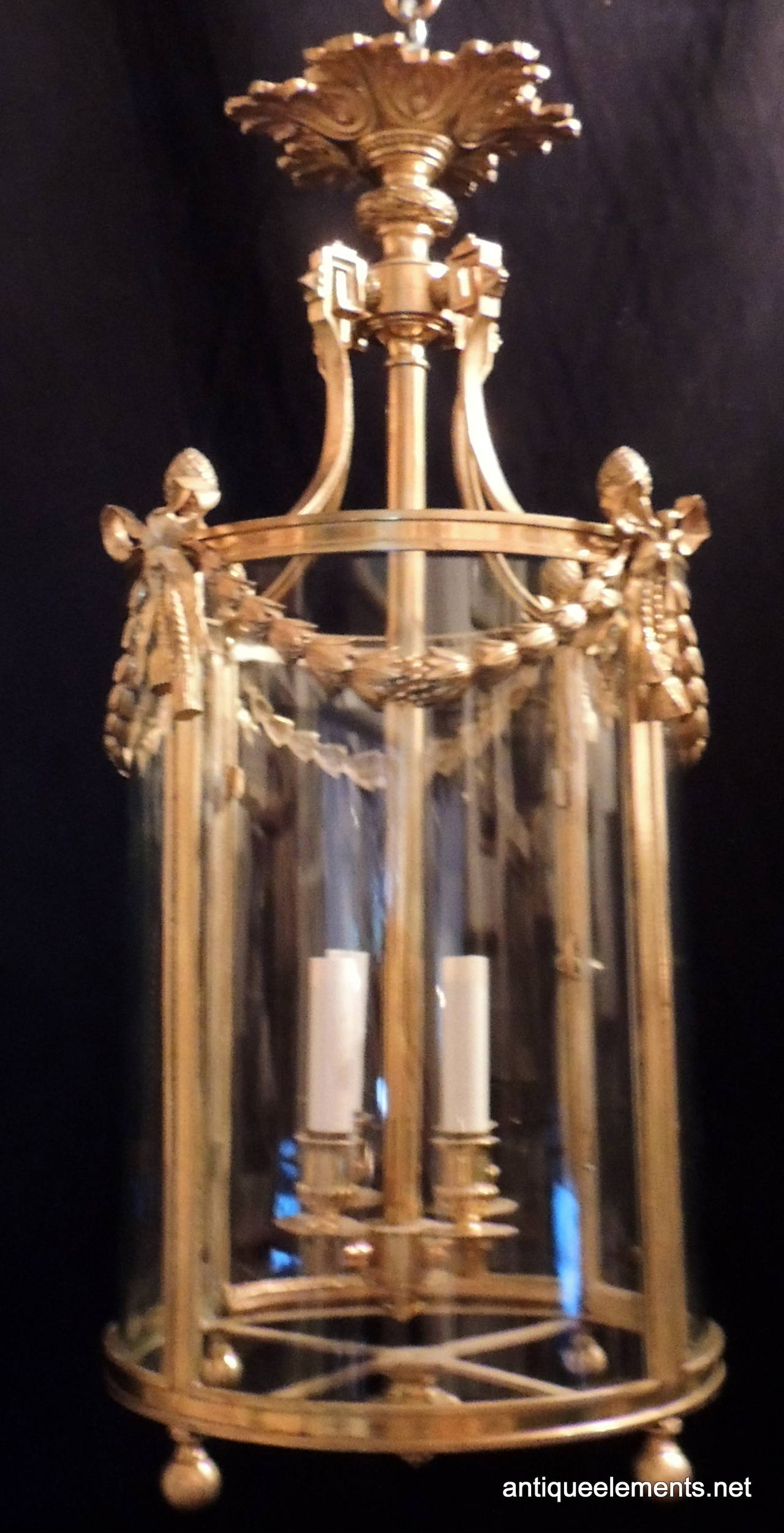 Elegant French Dore Bronze Four-Light Lantern With Bows & Swags Bent Glass