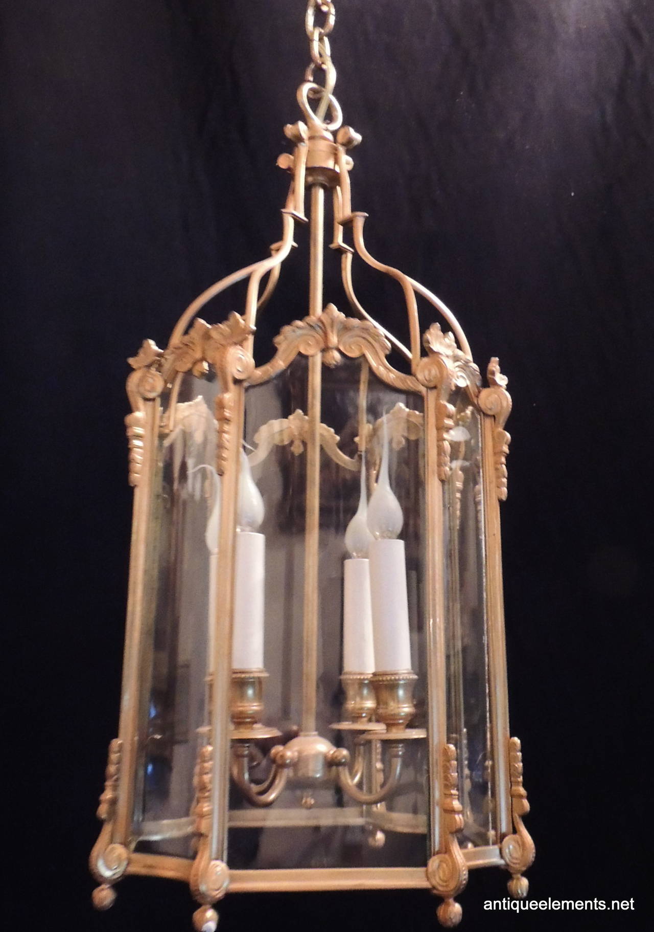 Outstanding French Doré Bronze Four-Light Neoclassical Curved Glass Lantern