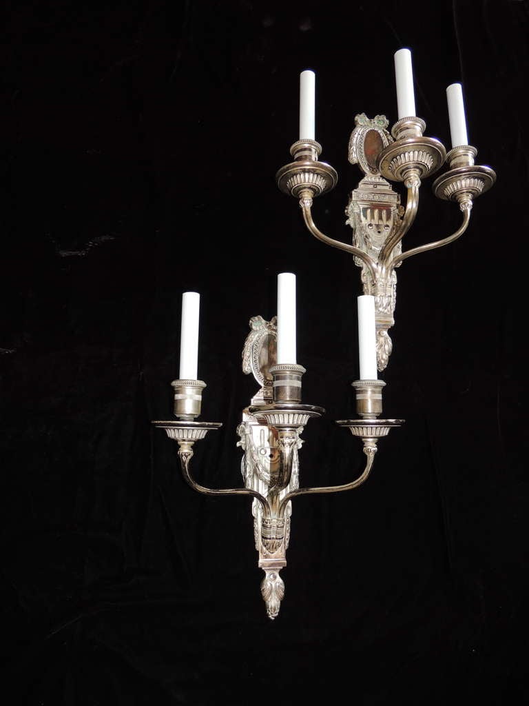 American Rare Set 4 Caldwell Neoclassical Silvered Bronze Three-Arm Bow Nickel Sconces For Sale