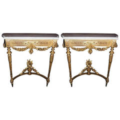 Beautiful Pair Of Antique French Carved And Giltwood Marble Top Consoles