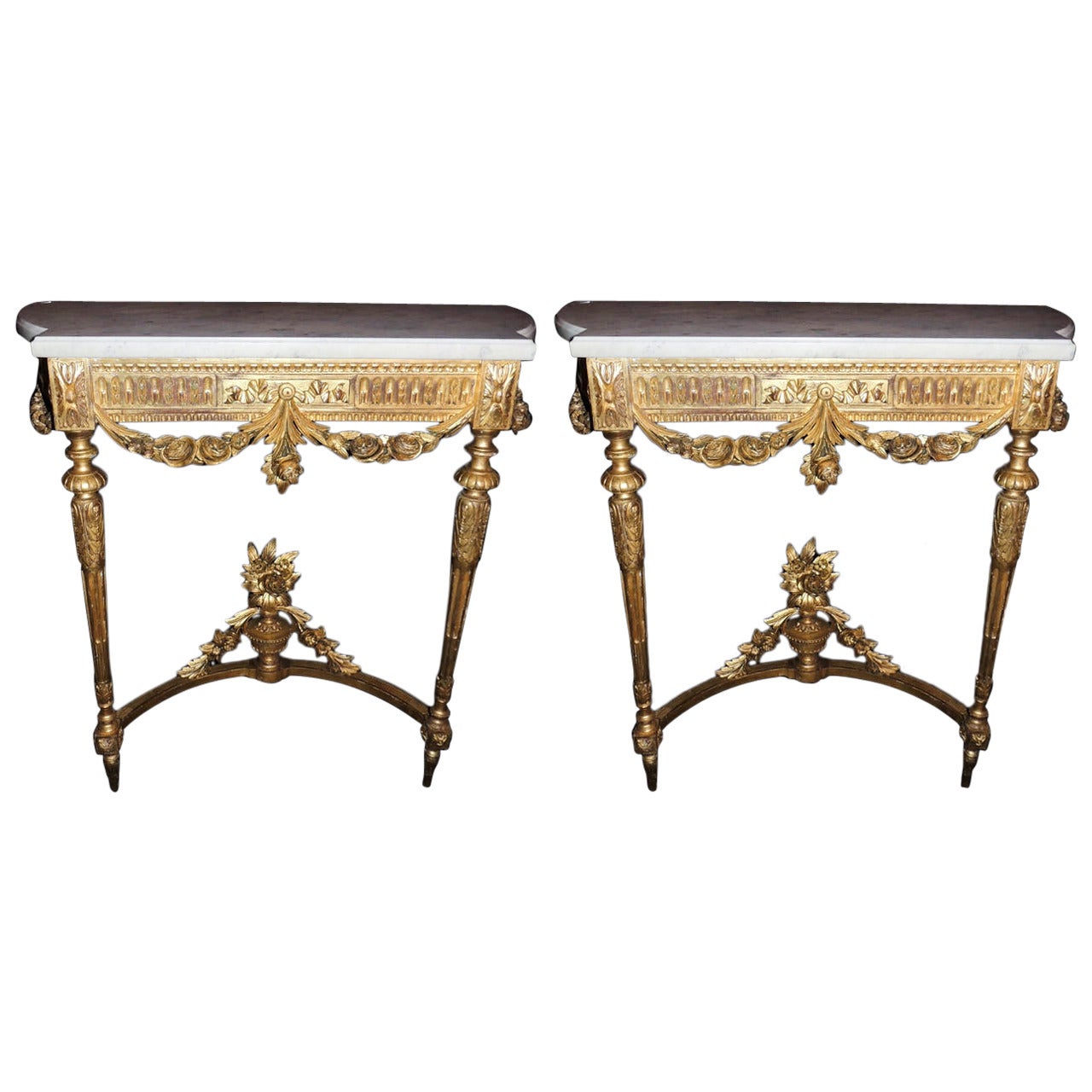 Beautiful Pair Of Antique French Carved And Giltwood Marble Top Consoles