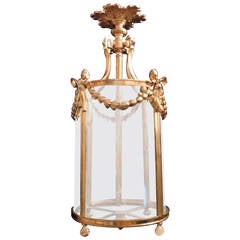 Elegant French Dore Bronze Four-Light Lantern With Bows & Swags Bent Glass