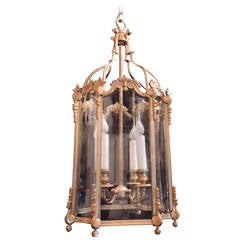 Outstanding French Doré Bronze Four-Light Neoclassical Curved Glass Lantern