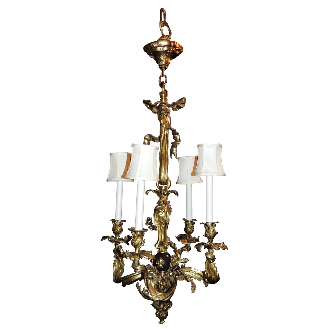 Wonderful French Rococo Doré Bronze and Patina Bow Top Ribbon Chandelier For Sale