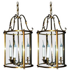 Classic Pair of Four-Light Bronze and Crystal Lanterns