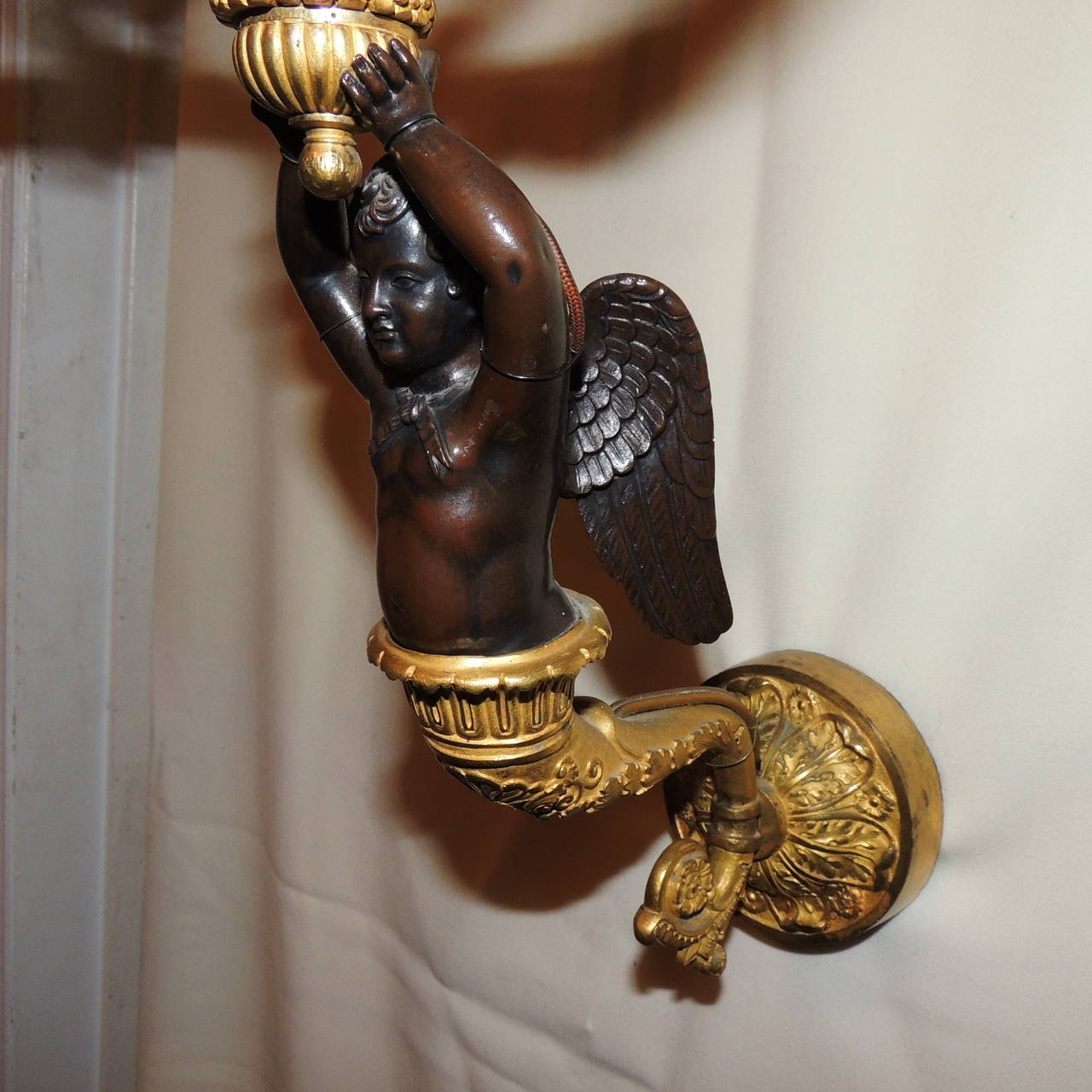 Pair of French Doré Bronze and Patina Three-Arm Cherub or Putti Sconces 1