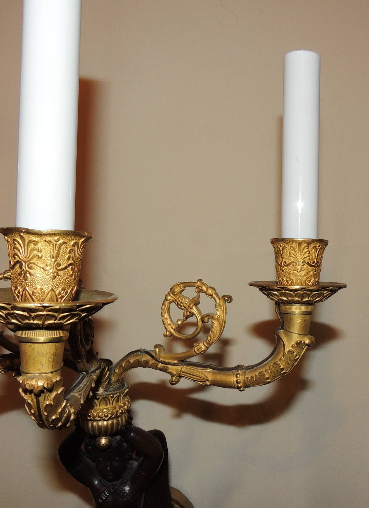 Pair of French Doré Bronze and Patina Three-Arm Cherub or Putti Sconces 3
