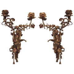 A Fine Pair Of French Antique Dore Bronze Two Arm Cherub / Putti Wall Sconces, Circa 1900's