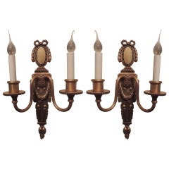 Fine Pair Gilt Bronze Neoclassical Bow Top Wreath Wall Sconces E.F. Caldwell