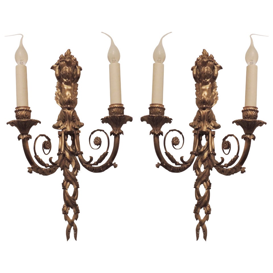 Exquisite Pair Of Large Dore Bronze Cherub Putti Wall Sconces By E.F. Caldwell