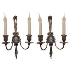 Fine Pair of Silvered Bronze & Wedgwood Neoclassical Two-Arm Wall Sconces E. F 12
