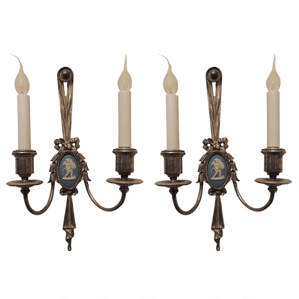 Fine Pair of Silvered Bronze & Wedgwood Neoclassical Two-Arm Wall Sconces E. F For Sale
