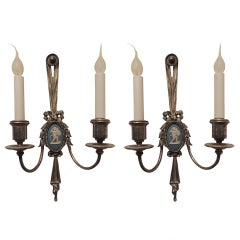 Fine Pair of Silvered Bronze & Wedgwood Neoclassical Two-Arm Wall Sconces E. F
