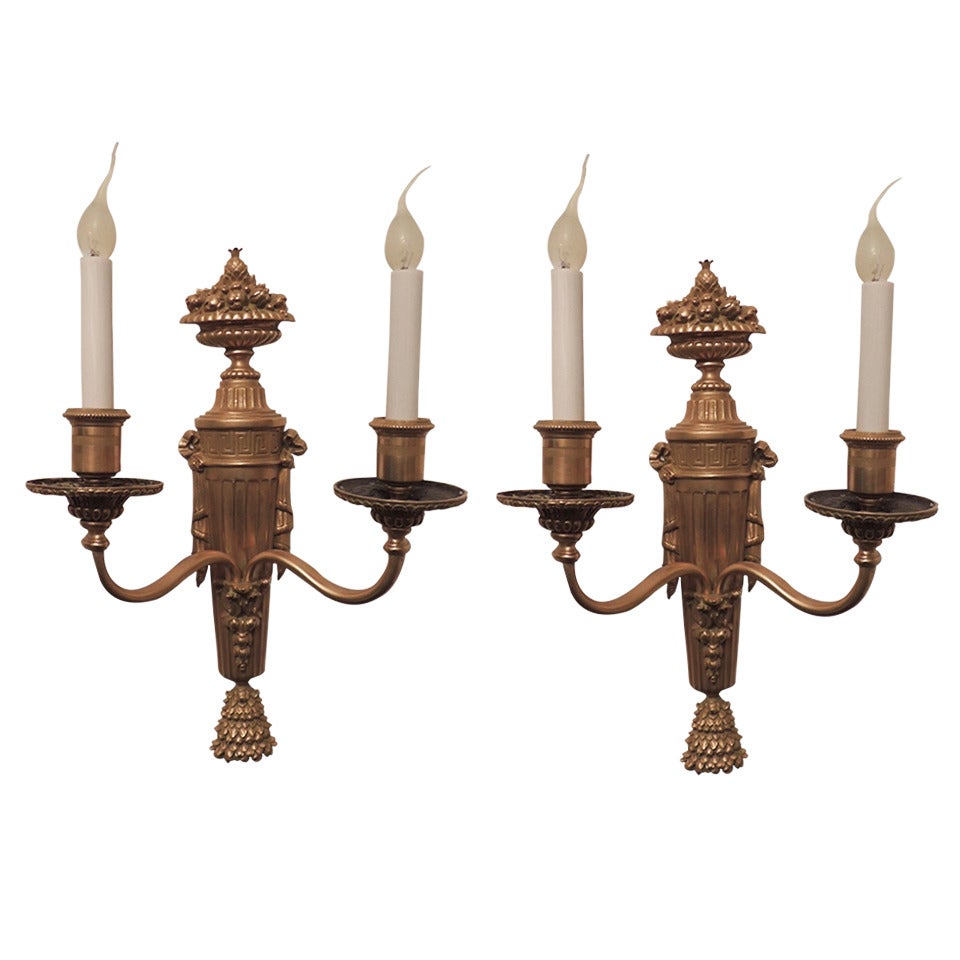 Fine Pair of Doré Bronze Neoclassical Two-Arm Wall Sconces by E. F. Caldwell