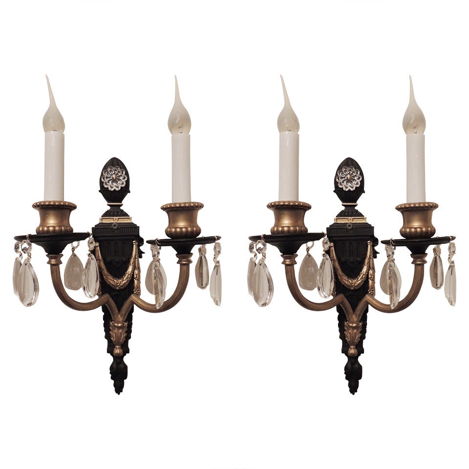 Fine Neoclassical Pair of Patina Gilt Bronze Two-Arm Wall Sconces