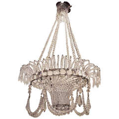 Antique An Exceptional Italian Silver Gilt Bronze 
Beaded Crystal Basket Form Chandelier Adorned with Crystal Swags
