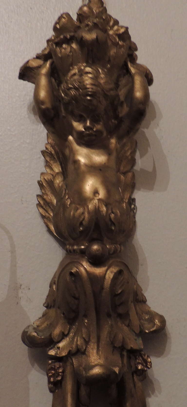 Baroque Exquisite Pair Of Large Dore Bronze Cherub Putti Wall Sconces By E.F. Caldwell