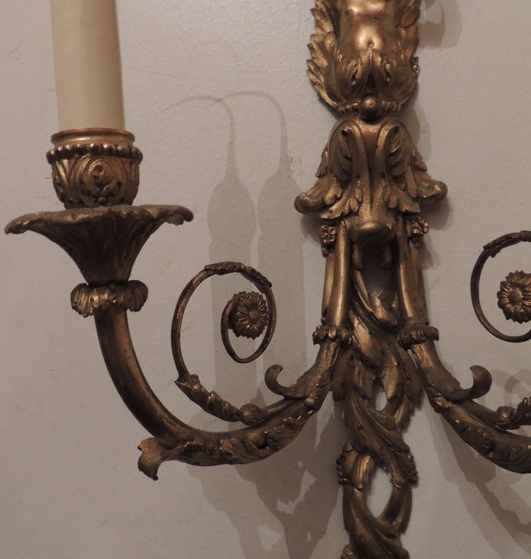 American Exquisite Pair Of Large Dore Bronze Cherub Putti Wall Sconces By E.F. Caldwell