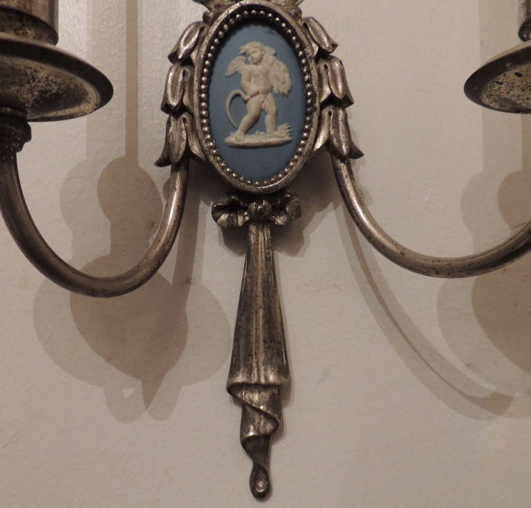 Fine Pair of Silvered Bronze & Wedgwood Neoclassical Two-Arm Wall Sconces E. F For Sale 1
