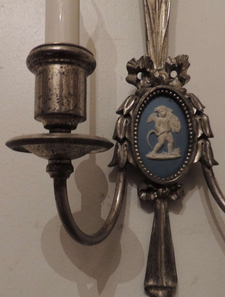 American Fine Pair of Silvered Bronze & Wedgwood Neoclassical Two-Arm Wall Sconces E. F For Sale