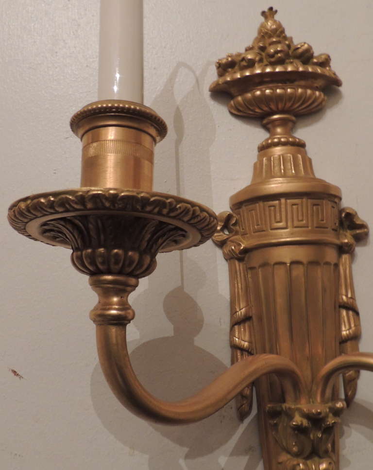 20th Century Fine Pair of Doré Bronze Neoclassical Two-Arm Wall Sconces by E. F. Caldwell
