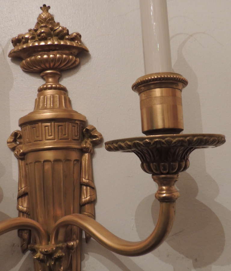 Fine Pair of Doré Bronze Neoclassical Two-Arm Wall Sconces by E. F. Caldwell 1
