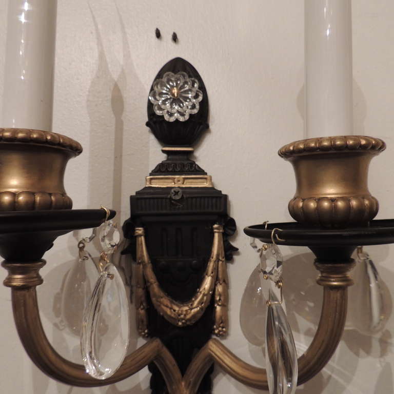 American Fine Neoclassical Pair of Patina Gilt Bronze Two-Arm Wall Sconces