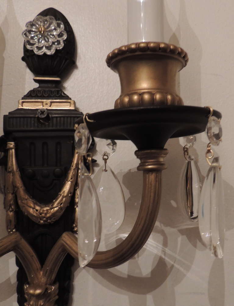 Fine Neoclassical Pair of Patina Gilt Bronze Two-Arm Wall Sconces In Good Condition In Roslyn, NY