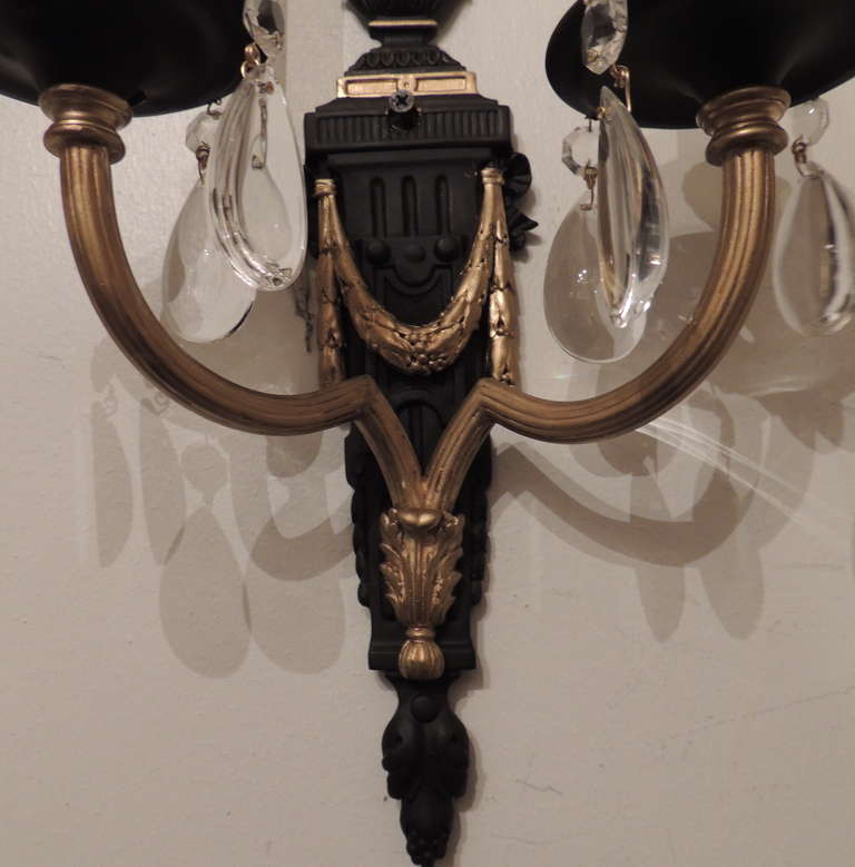 20th Century Fine Neoclassical Pair of Patina Gilt Bronze Two-Arm Wall Sconces