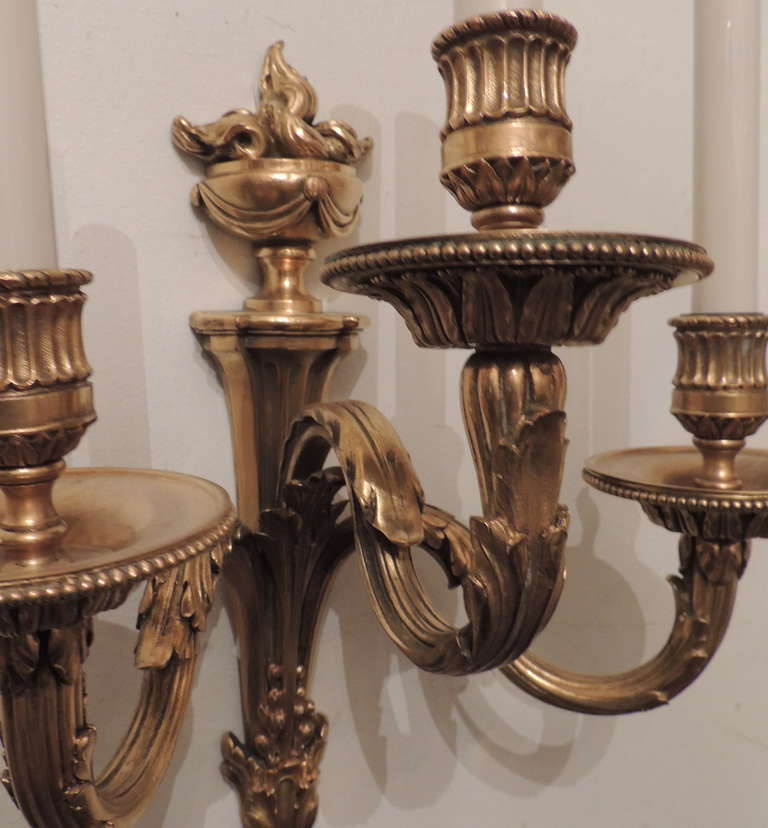 Pair of Gilt Bronze Neoclassical Three-Arm Urn Top Sconces E.F. Caldwell In Good Condition For Sale In Roslyn, NY