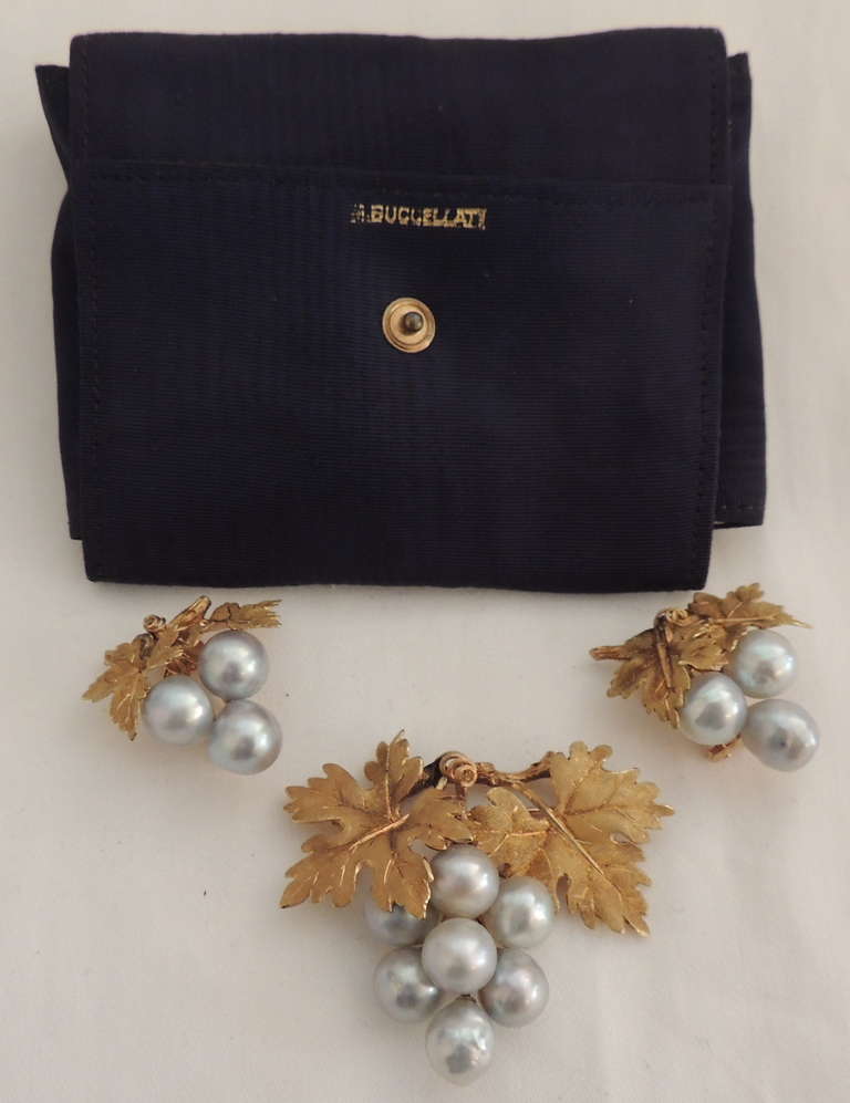 Italian A Buccellati Suite 18k Gold & Natural Pearl Acorn Leaf Earrings, Brooch Set
