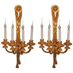 Outstanding Pair of Doré Bronze Caldwell Four-Arm Ribbon, Bow and Tassel Sconces 10